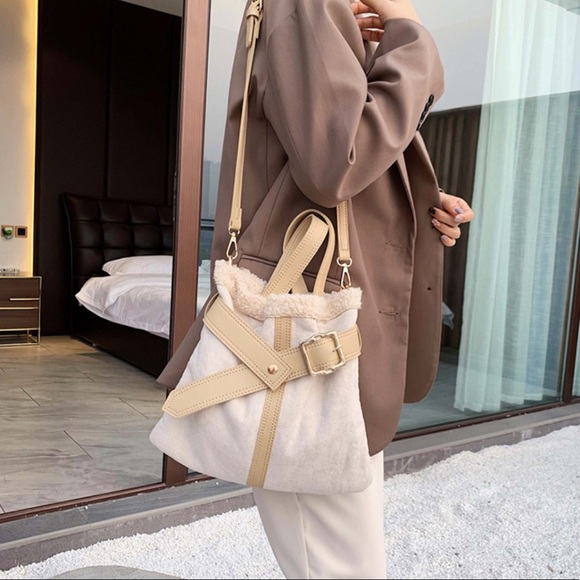 Bucket bag shoulder duo-style womens khaki cream belt magnet fuzzy soft leather - Picture 5 of 10